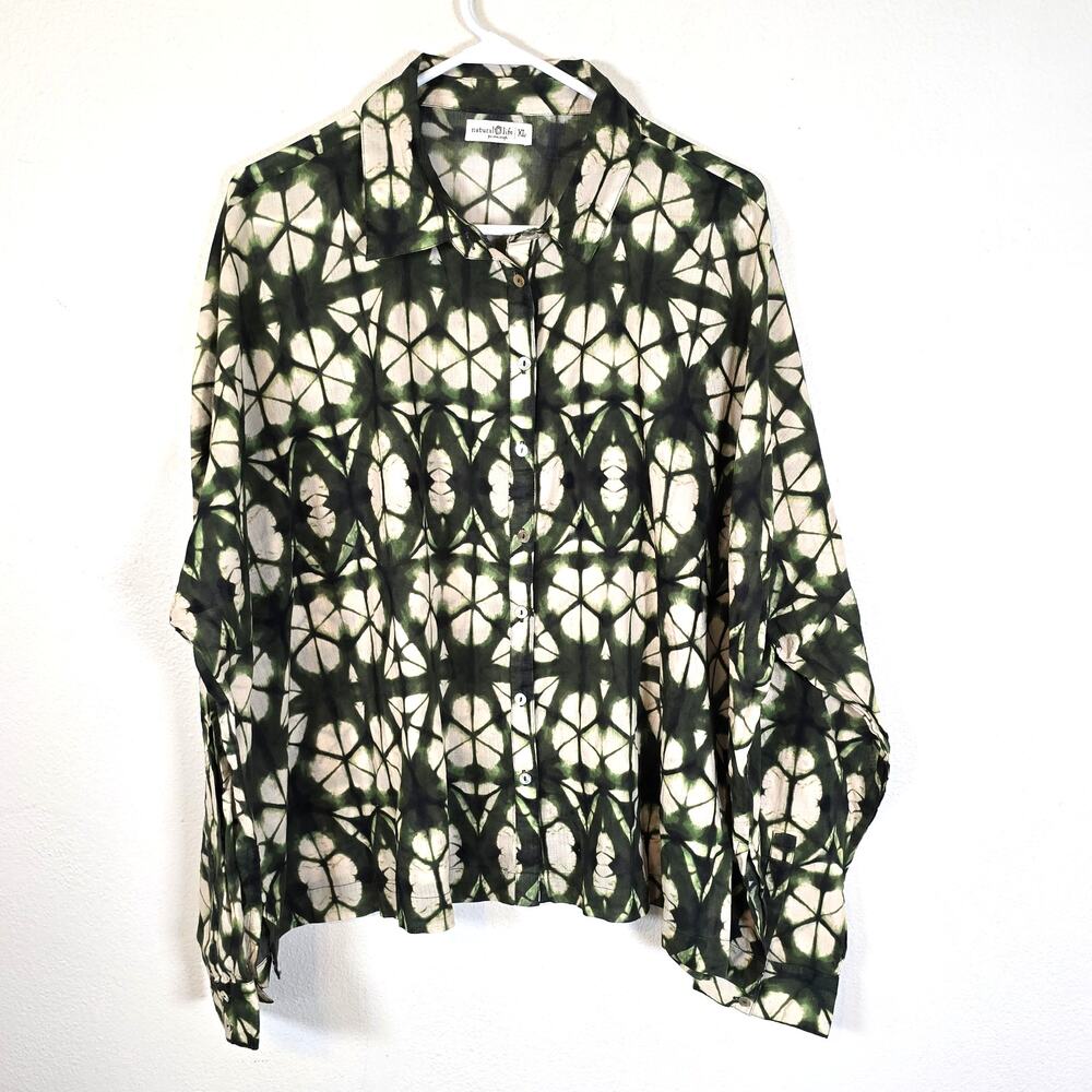 Natural Life Shirt Womens XL Green Cream Batik Print Oversize Boho Beachy Summer